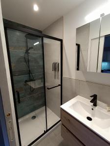 a bathroom with a shower and a sink at Charmant studio en Ardèche - village médiéval in Burzet