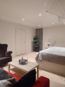 een woonkamer met een bed en een tafel bij Skap Opplevelser! in Svingvoll