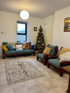 a living room with a christmas tree in the corner at Sunberry 2 Bright Modern Entire Home, Headford in Headford