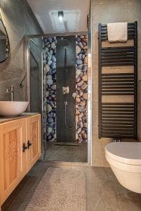 een badkamer met een douche, een toilet en een wastafel bij Osada Witów - apartament „Siwa Kopa” in Witów