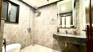 a bathroom with a sink and a toilet and a mirror at Executive 2BHK in Zeta Mall in Islamabad +1 photo