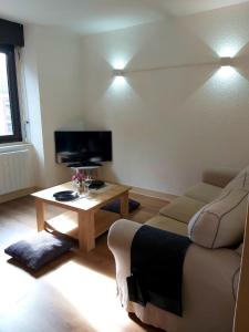 Foix centre - T2 vue sur le Château في فوا: غرفة معيشة بها أريكة وطاولة