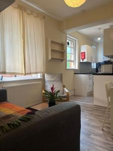a living room with a couch and a kitchen at Effra Mansions in London