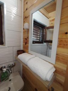 a small bathroom with a mirror and a sink at Planinska kuca-Jovanovic! in Kremna +9 photos