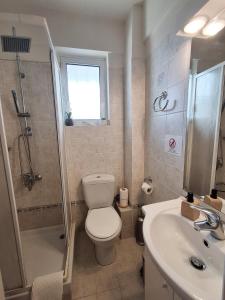 a bathroom with a toilet and a shower and a sink at Cozy Apartments near the airport in Artemida +26 photos