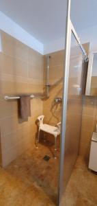 een badkamer met een douche en een witte stoel erin bij Schau ins Land 2 in Elbingerode +23 foto's