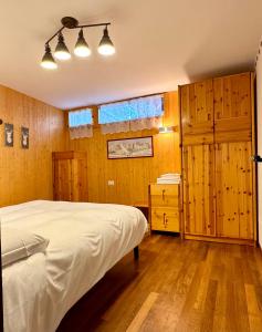 een slaapkamer met een bed en een houten wand bij Courmayeur La Maison des Amis in Courmayeur