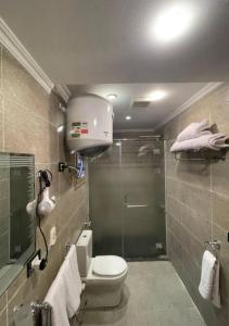 Un baño con inodoro y ducha de cristal. en Noya Pyramids view hotel, en El Cairo