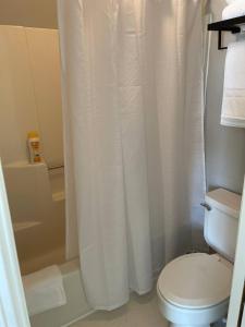 a bathroom with a white shower curtain and a toilet at Azalea: 2 primary bedrooms w/ bathrooms in Augusta +12 photos