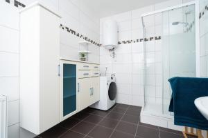 a white bathroom with a washing machine and a sink at revLIVING premium Apartments Rosenburg Horn in Rosenburg +105 photos