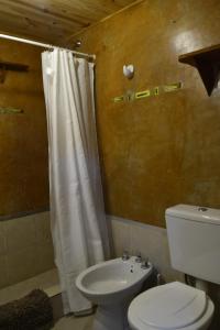 ein Badezimmer mit Toilette und Duschvorhang in der Unterkunft Posada La Lucía in Villa General Belgrano + 10 Fotos