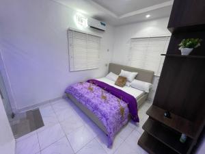 Un dormitorio con una cama con una manta morada. en Spacious one bed self compound, en Iju Junction