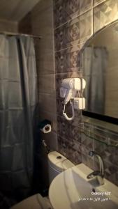 Un baño con inodoro, lavabo y espejo. en Kahraman Amman Hotel, en Amán