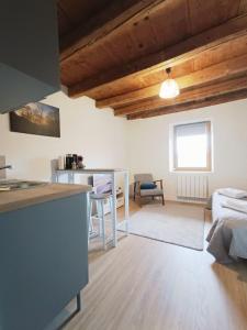 cocina y sala de estar con cama y mesa en Le Parmelan - Sur la route d'Annecy, en Alby
