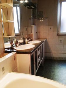 a bathroom with two sinks and a large mirror at Colmar Apartment in Colmar