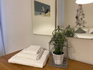 a table with towels and a potted plant on it at Casa Marisa - facing campo in Murano - Venezia in Murano +37 photos