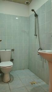 a bathroom with a toilet and a sink at Gumus Hotel in Ortahisar