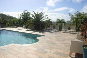 een zwembad met stoelen en bomen bij Villa Caryota, Le Marin in Le Marin