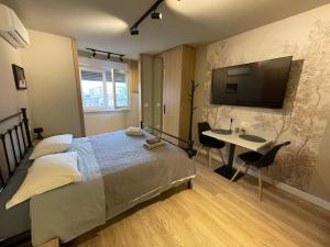 a bedroom with a bed and a desk and a television at Piazza Downtown Cozy Studio in Tirana