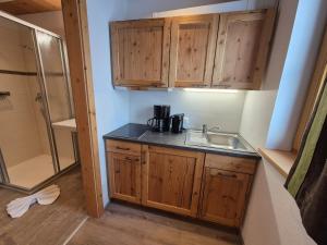 a small kitchen with wooden cabinets and a sink at Apparthotel Kirchgasser in Obertauern