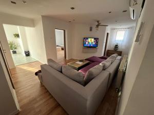 a living room with a couch and a tv at Apartmán u Peťa in Babín
