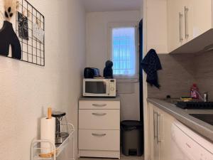 una piccola cucina con forno a microonde su un bancone di Le Barcarelle a Le Barcarès