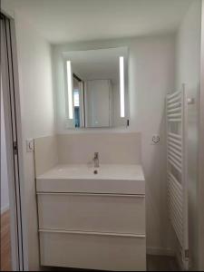 a white bathroom with a sink and a mirror at Superbe 2 pièces refait à neuf idéalement situé in Meung-sur-Loire +8 photos