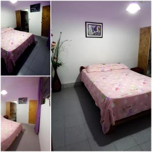 two pictures of a bedroom with a bed with pink sheets at Homestay Tarapoto in San Antonio