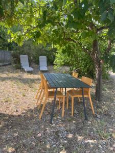 Aux portes des Cévenne في سانت هيبوليت - دو - فورت: طاولة نزهة وكرسيين تحت شجرة