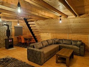 a living room with a couch and a stove at Evergreen cabins Golija in Golija +17 photos