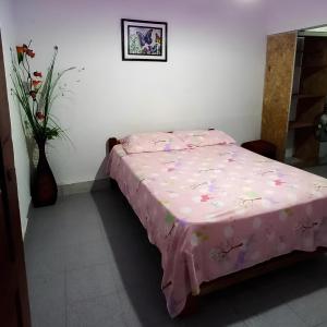 a bedroom with a bed with a pink comforter at Homestay Tarapoto in San Antonio