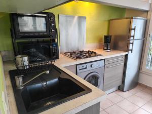 una cucina con lavello, forno a microonde e piano cottura di Appartement vue sur le lac ad Aiguines