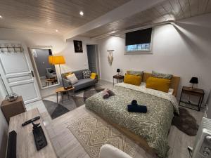 a bedroom with a bed and a living room at Cozy studio 2 steps from Geneva in Sergy