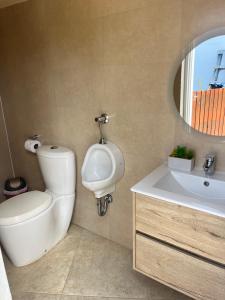 a bathroom with a toilet and a sink and a mirror at Mary's Villas Private Pool In Noord in Noord