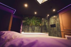 a bedroom with a shower with a plant on the wall at BAHIA -Suite romantique & SPA Privé in La Roche-sur-Yon