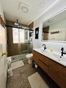 a bathroom with a sink and a toilet and a mirror at THE SHORELINE #1 - Ocean Views and Northern Lights in Kodiak +56 photos