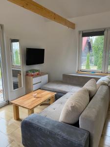 a living room with a couch and a table at Na domek do Pati in Przejma Wielka