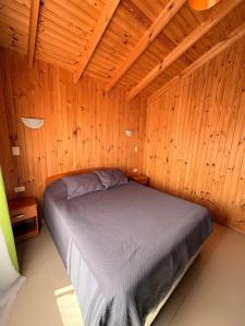 a bedroom with a bed in a wooden room at Cabañas Ebenezer in Pichidangui