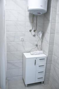 a white bathroom with a shower with a blow dryer at Apartman Boem Pale in Pale