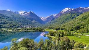a view of a lake with mountains in the background at Appartement neuf T3 avec jardin au bord du lac in Génos