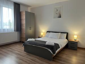 Un dormitorio con una cama grande con dos mesitas de noche. en Salin Home, en Ocna-Mureşului