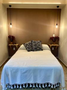 een slaapkamer met een wit bed met 2 kussens erop bij 1-Bed Loft in Oaxaca - Steps from Downtown in Oaxaca City