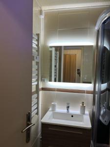 LE CORBIER Vue pistes Studio 5 personnes entièrement rénové في Villarembert: حمام مزود بحوض ومِرآة +11 صورة