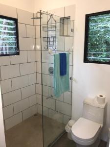 a bathroom with a toilet and a glass shower at Casitas Escondidas in Playa Pelada