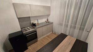 a small kitchen with a stove and a sink at Shakespeare Central Apartment in Craiova