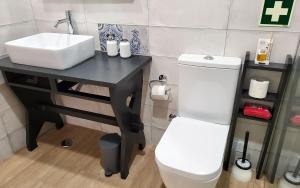 La salle de bains est pourvue d'un lavabo et de toilettes blanches. dans l'établissement Casa Elvas Antiqua, à Elvas