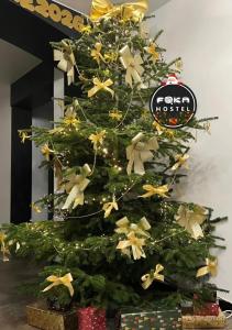 a christmas tree is decorated with gold bows at FOKA Hostel in Wrocław