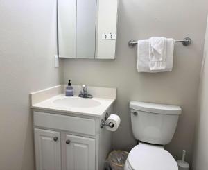 une salle de bains avec toilettes, lavabo et miroir dans l'établissement Island Sands 103 Gulf front condo, à Fort Walton Beach