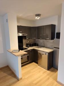 Charmant 3 pieces 2 chambres et parking في بونتولت-كومْبو: مطبخ مع خزائن سوداء واجهزة ستانلس ستيل