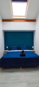 Charmant 3 pieces 2 chambres et parking في بونتولت-كومْبو: سرير أزرق كبير ذو لوح أمامي أزرق في غرفة +3 صور